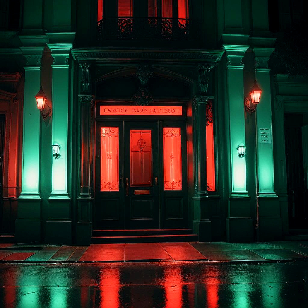 Green lit building entrance