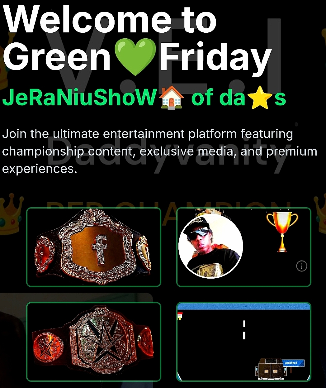 Jeraniushow welcome screen with belts