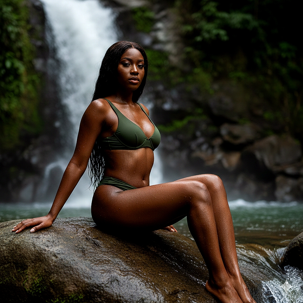 Waterfall rocks green bikini